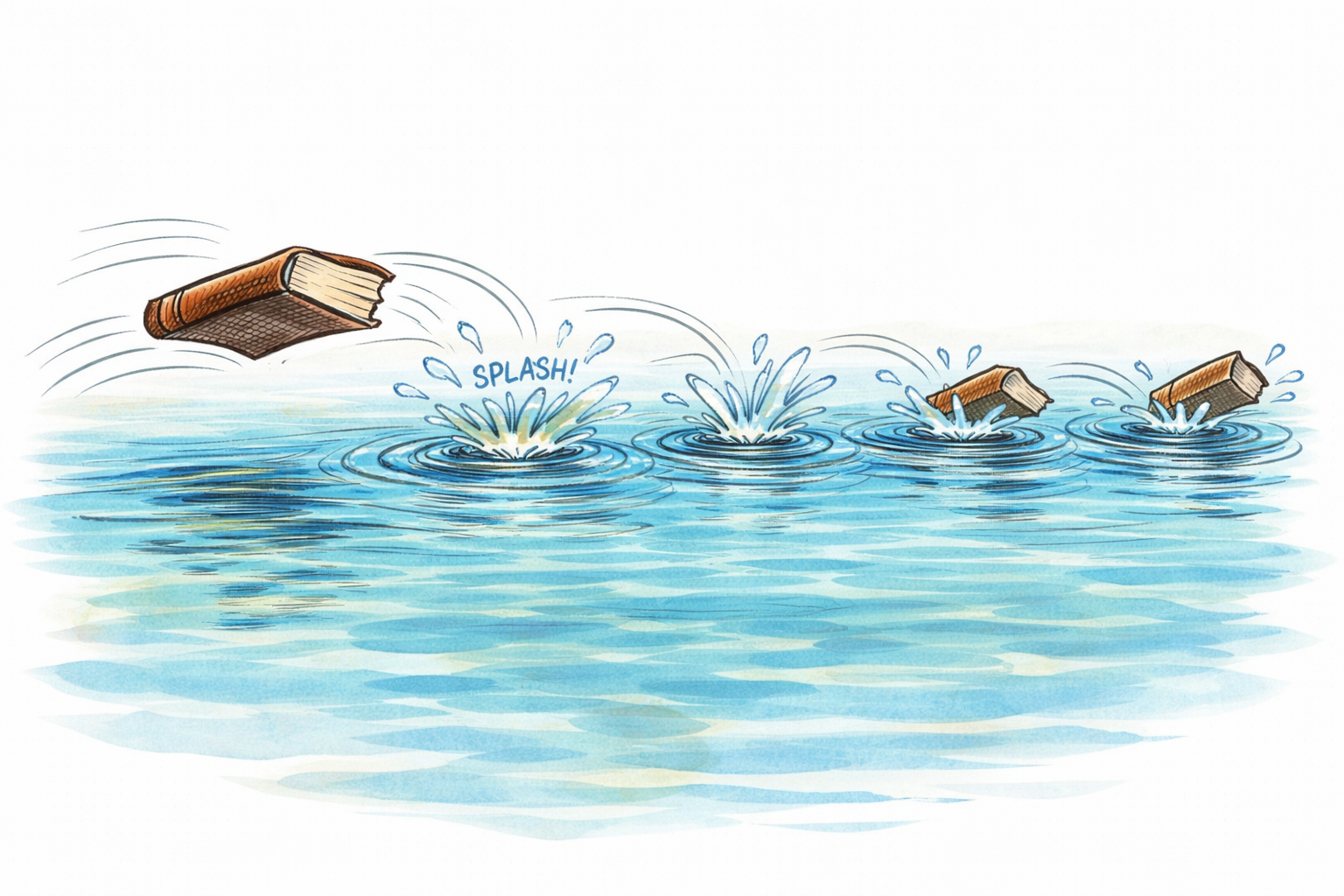 A book skimming across water creating ripples